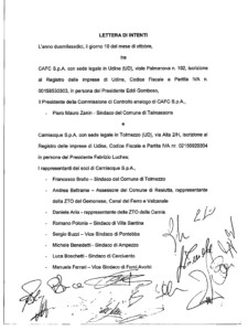 Prima pagina della lettera di intenti tra CAFC, Carniacque ed i rappresentati dei suoi soci